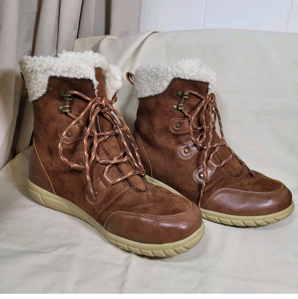 Woman’s Denali Mid-calf Size 8 Winter Brown Lace Up Boots With Faux Fur Collar